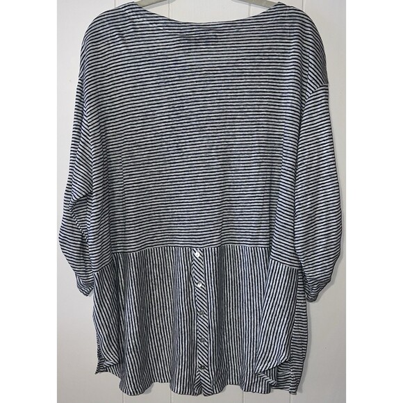 Adrienne Vittadini Linen Blouse Size 2X Black and Grey Stripes Half Sleeves - Picture 2 of 9